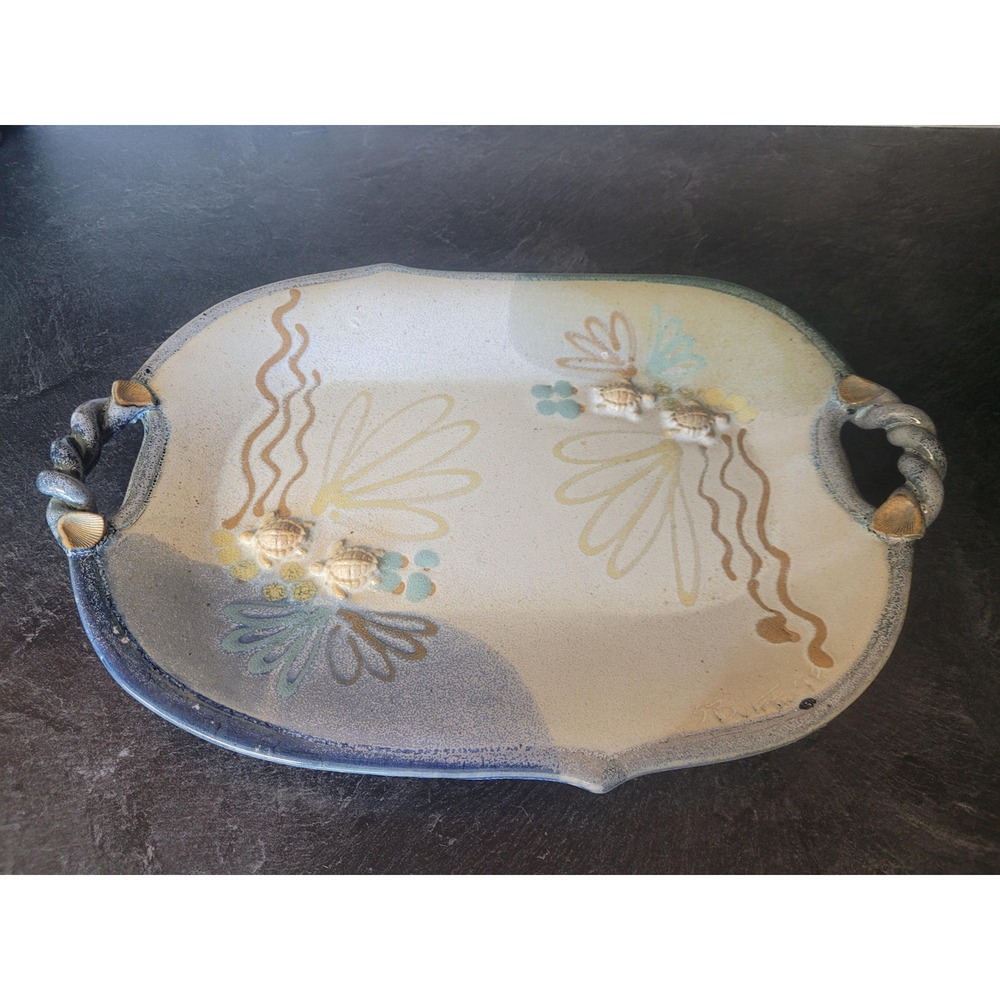 Handmade Coastal Pottery Turtle Serving Platter Nautical Ceramic Tray Beach